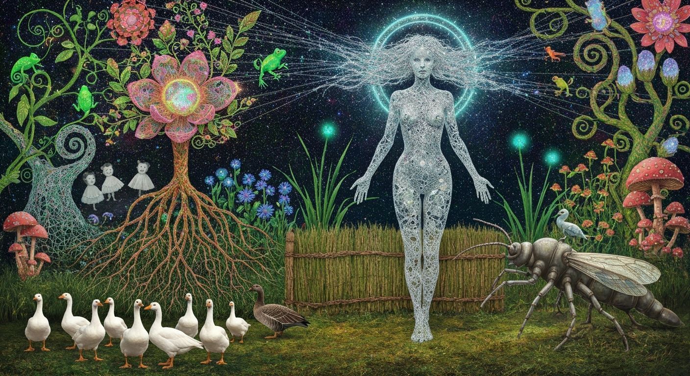 Woman Merging with Cosmic Garden in Psychedelic Eco-Art Styl...