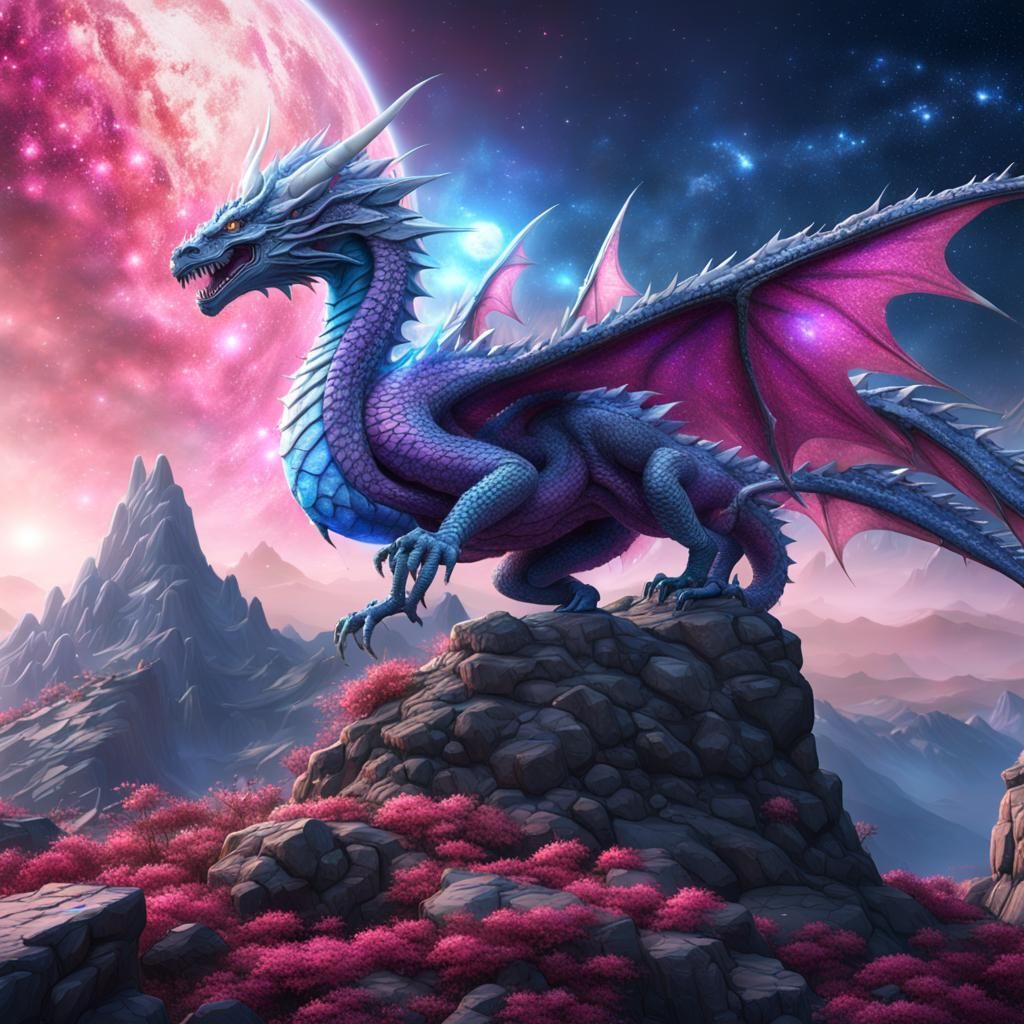 Magical White Dragon in Space with Stars