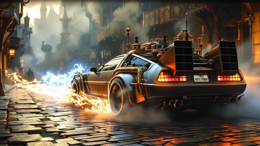 Gleaming Steampunk DeLorean Time Machine in Medieval City