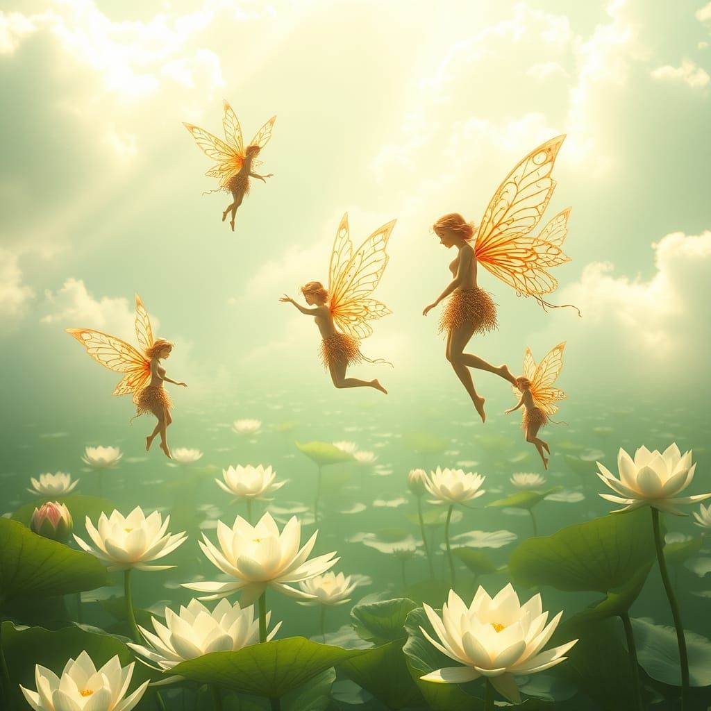 Gilded Fairies Dance Above Emerald Water