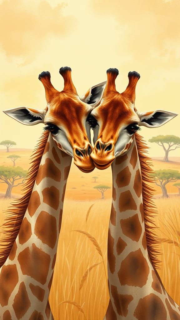 Giraffes Embrace on Sunny Savannah: Digital Illustration