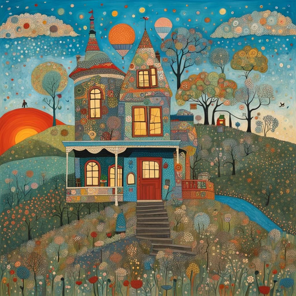 Folk Art House on a Hill in Finster Style