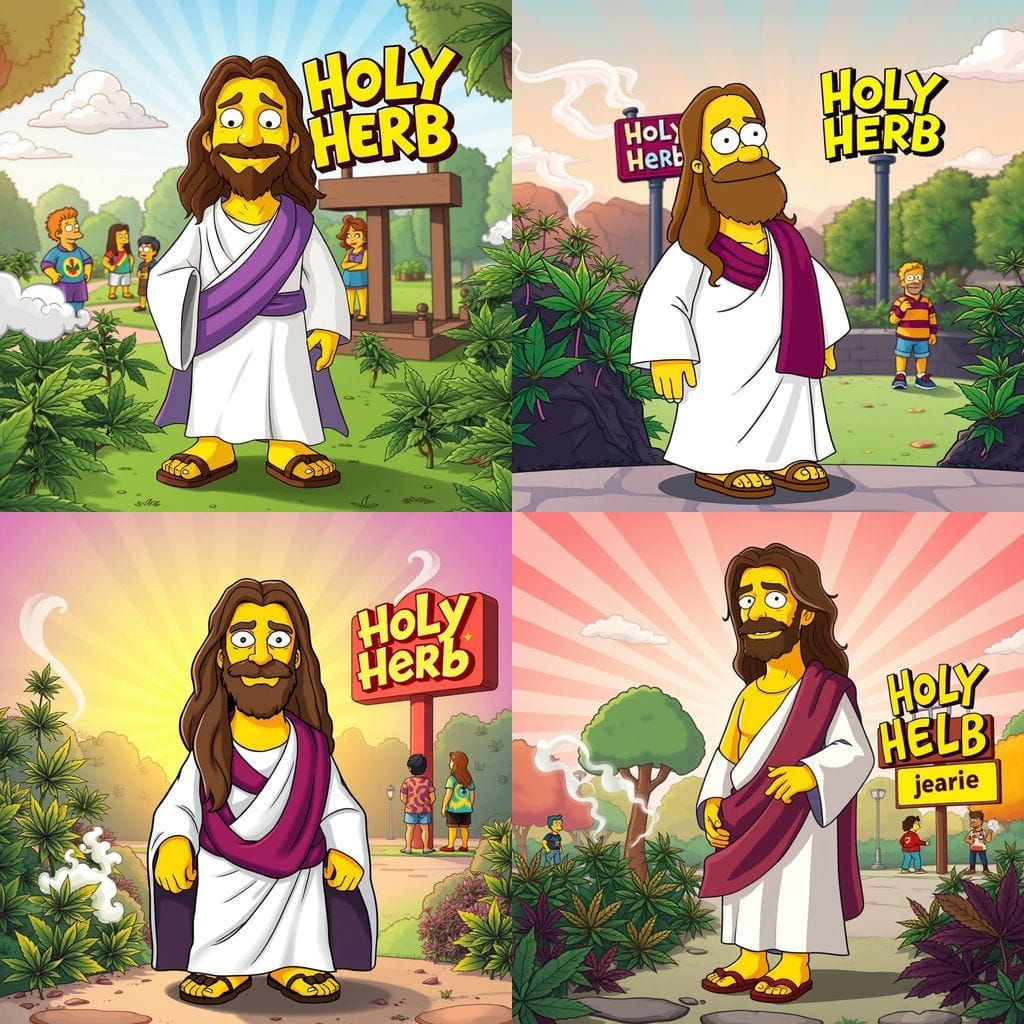 Jesus in Simpsons Cartoon Style, Surrounded by Cannabis-Them...