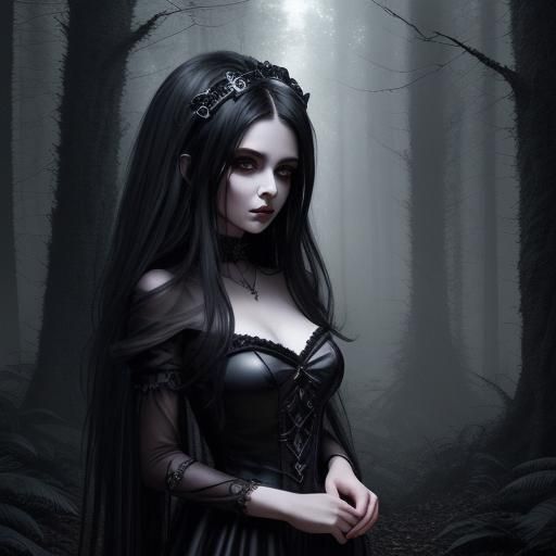 Dark Fantasy Portrait: Black-Eyed Woman in Forest