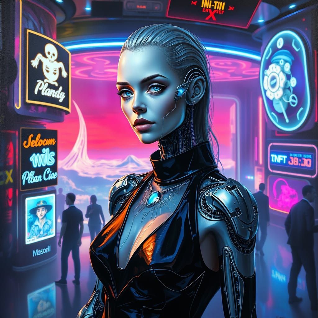Cyborg Goddess in Neon Dreamscape