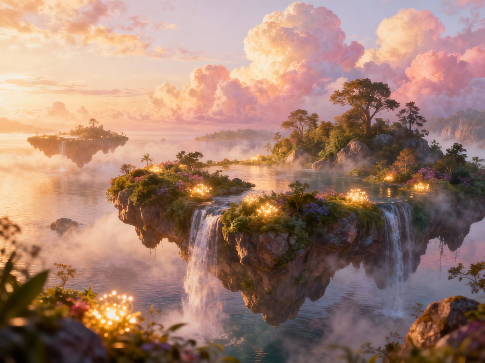 Ethereal Islands Floating in Golden Hour Mist