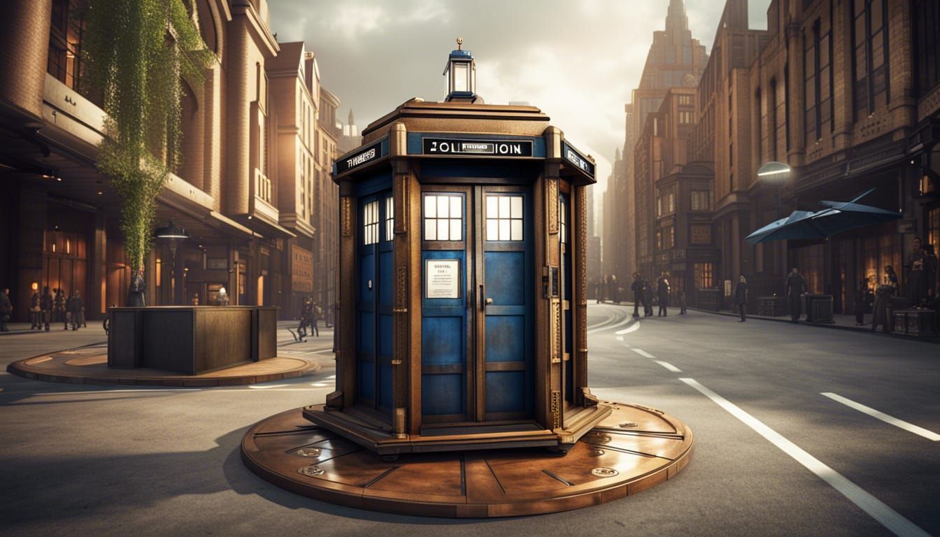 Steampunk Tardis on a Futuristic City Street