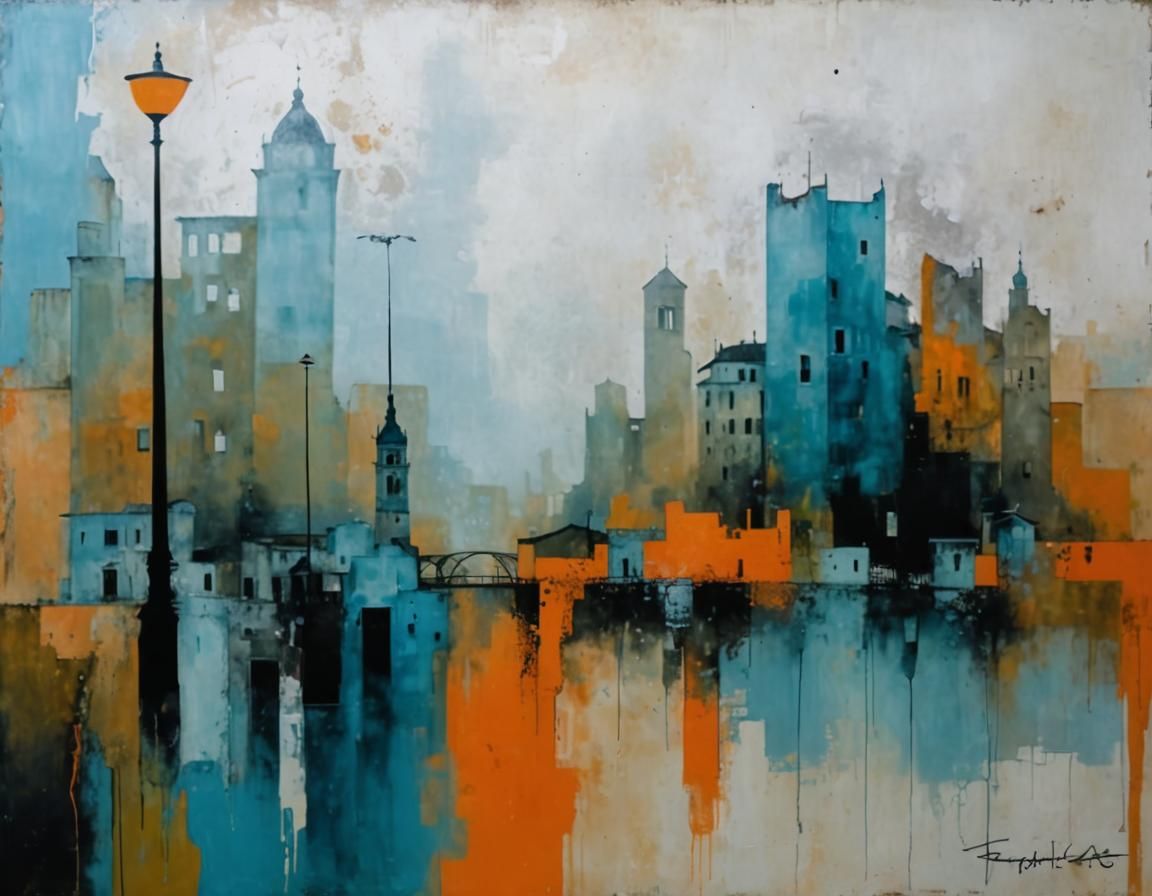 Distressed Modern Contemporary Portrait with Italian Buildin...