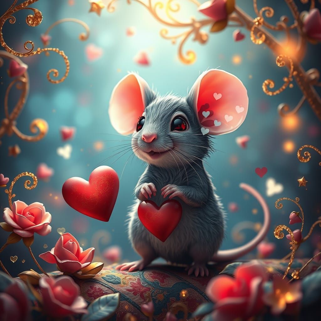 Whimsical Valentine's Mouse in Fantasy Art Style
