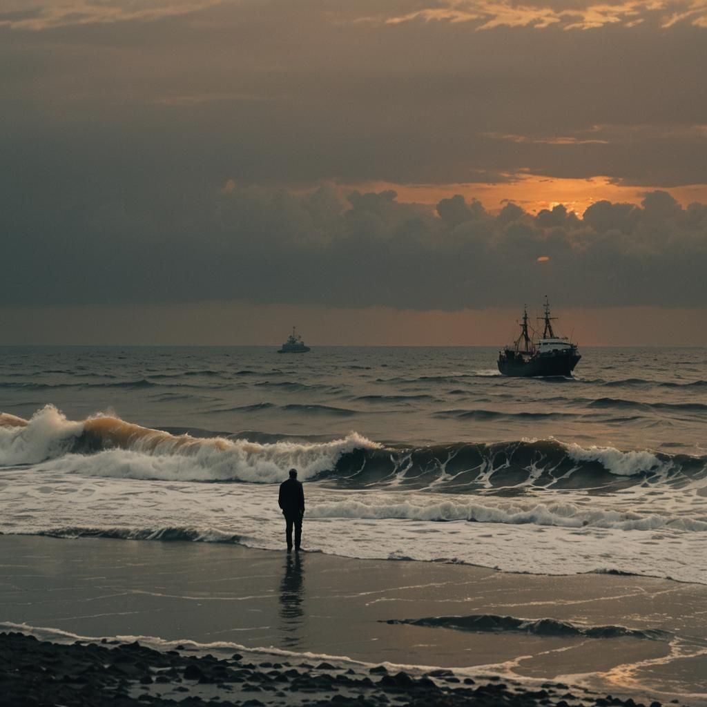 Epic Ocean Sunset with Lone Figure, Vintage Film Aesthetic