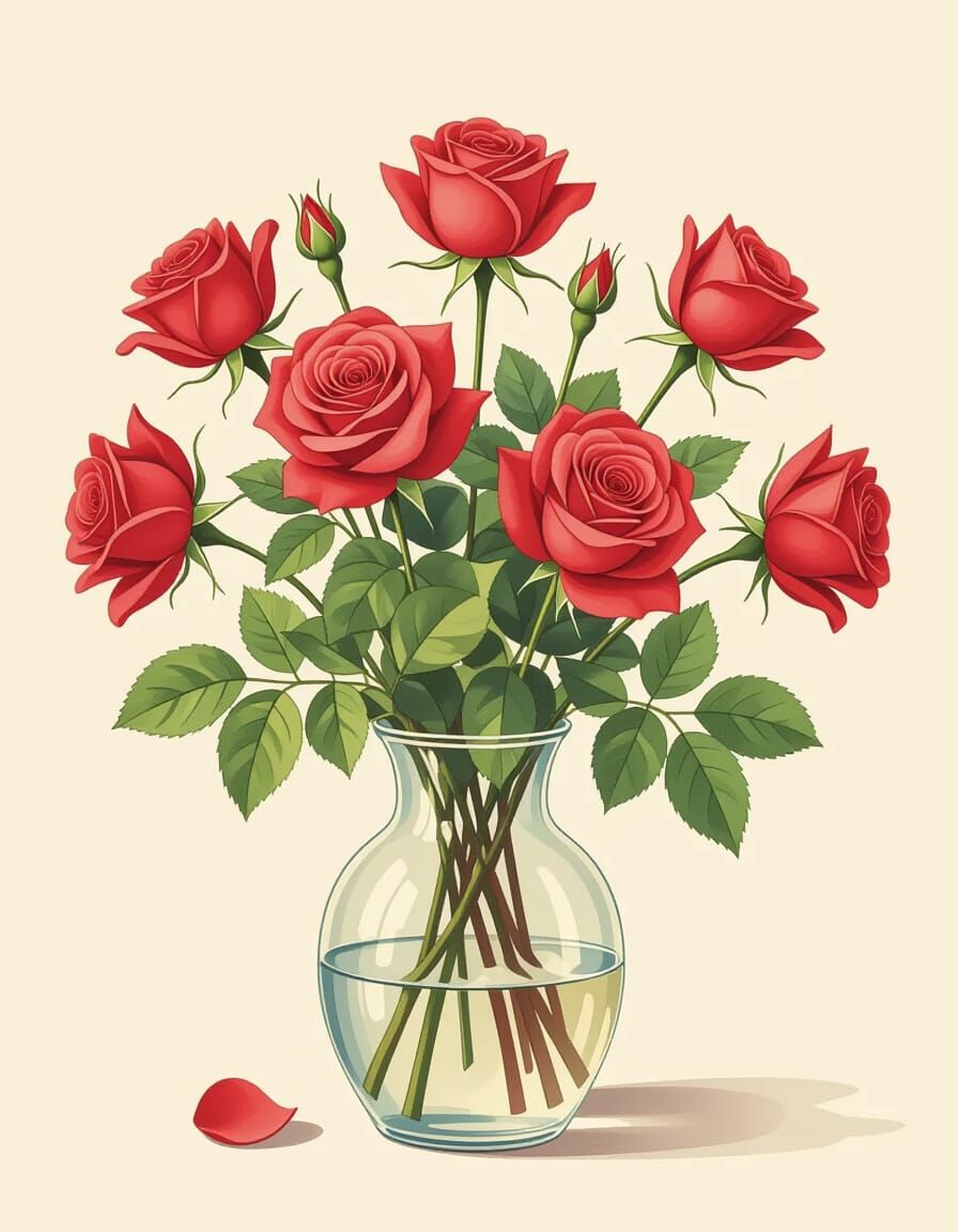 Red Roses in Vase: Pastel Watercolor Art