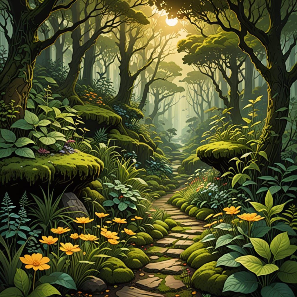 Tranquil Garden View in Comic Book Style