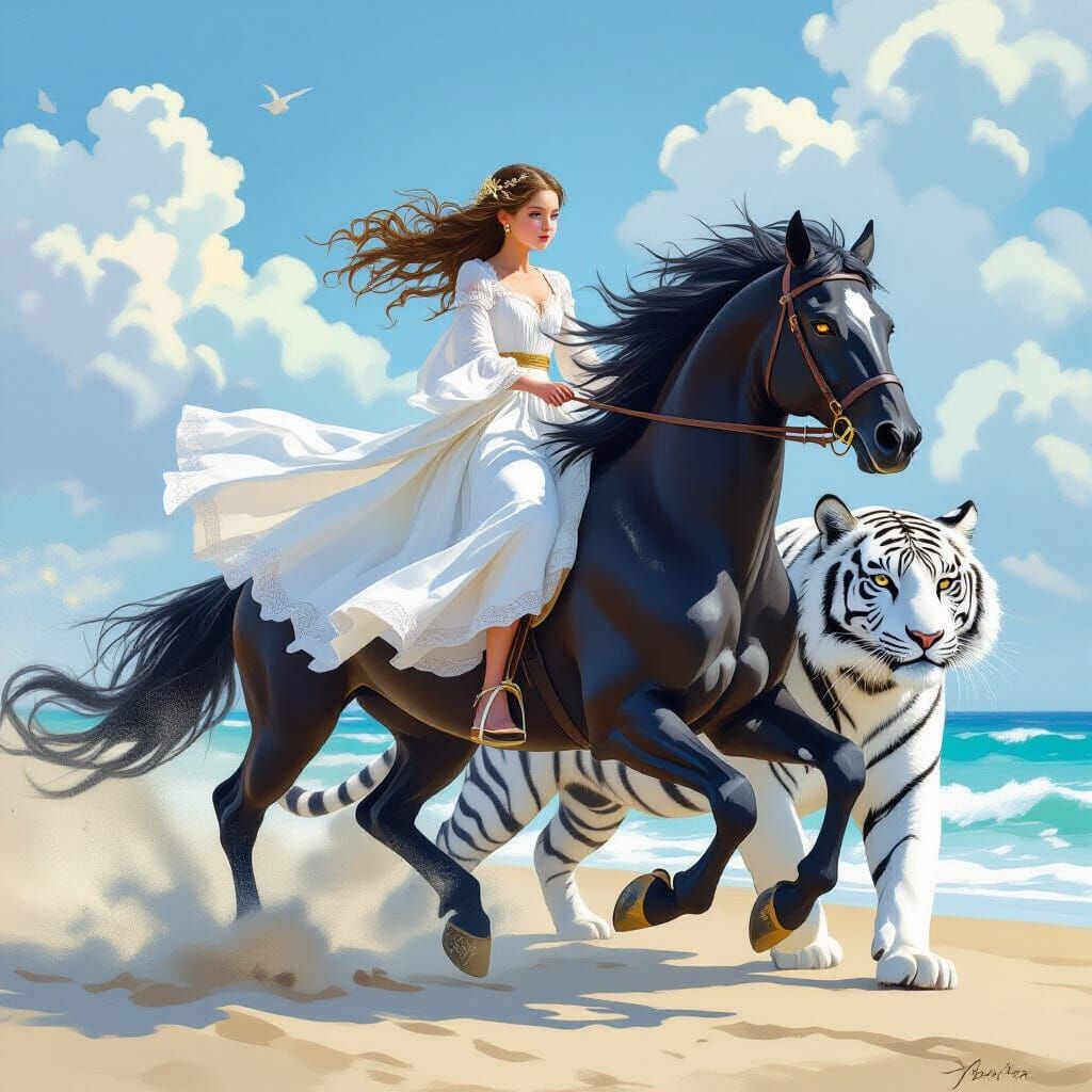 Girl on Black Stallion Followed by White Tiger