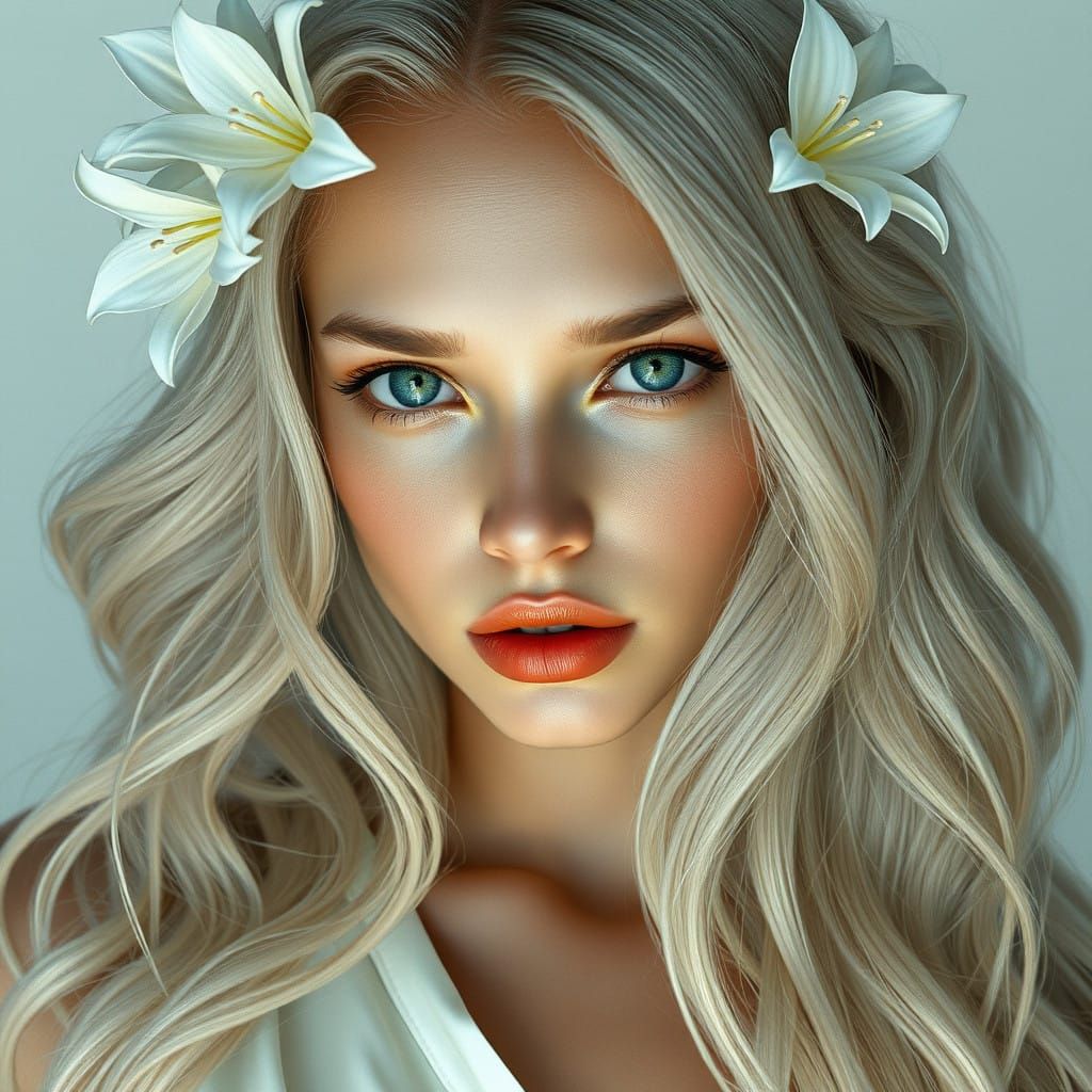 Ethereal Beauty in a Dreamy White Gown with Water Lilies