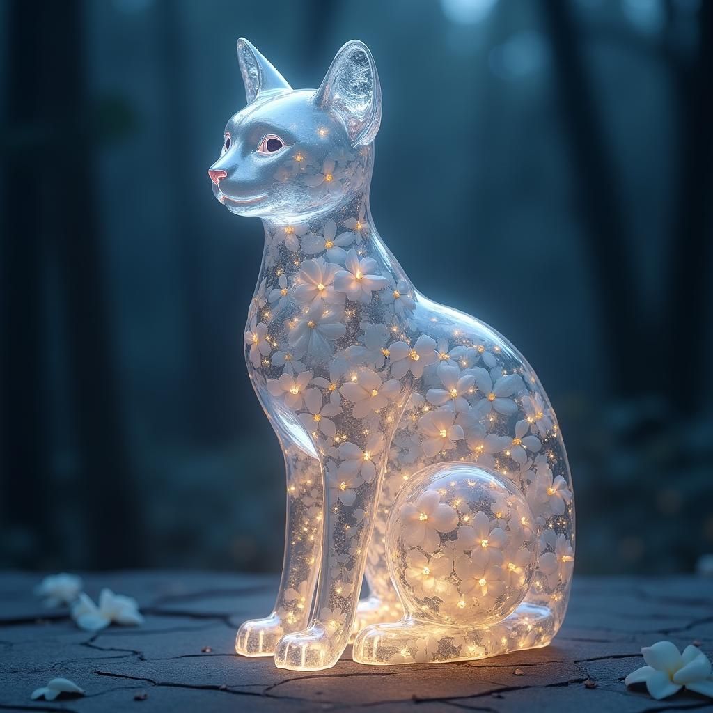 Cat Sculpture with Flowers in Ethereal Lighting