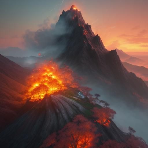 Fiery Mountain Cliff Scene in Vibrant Fantasy Art