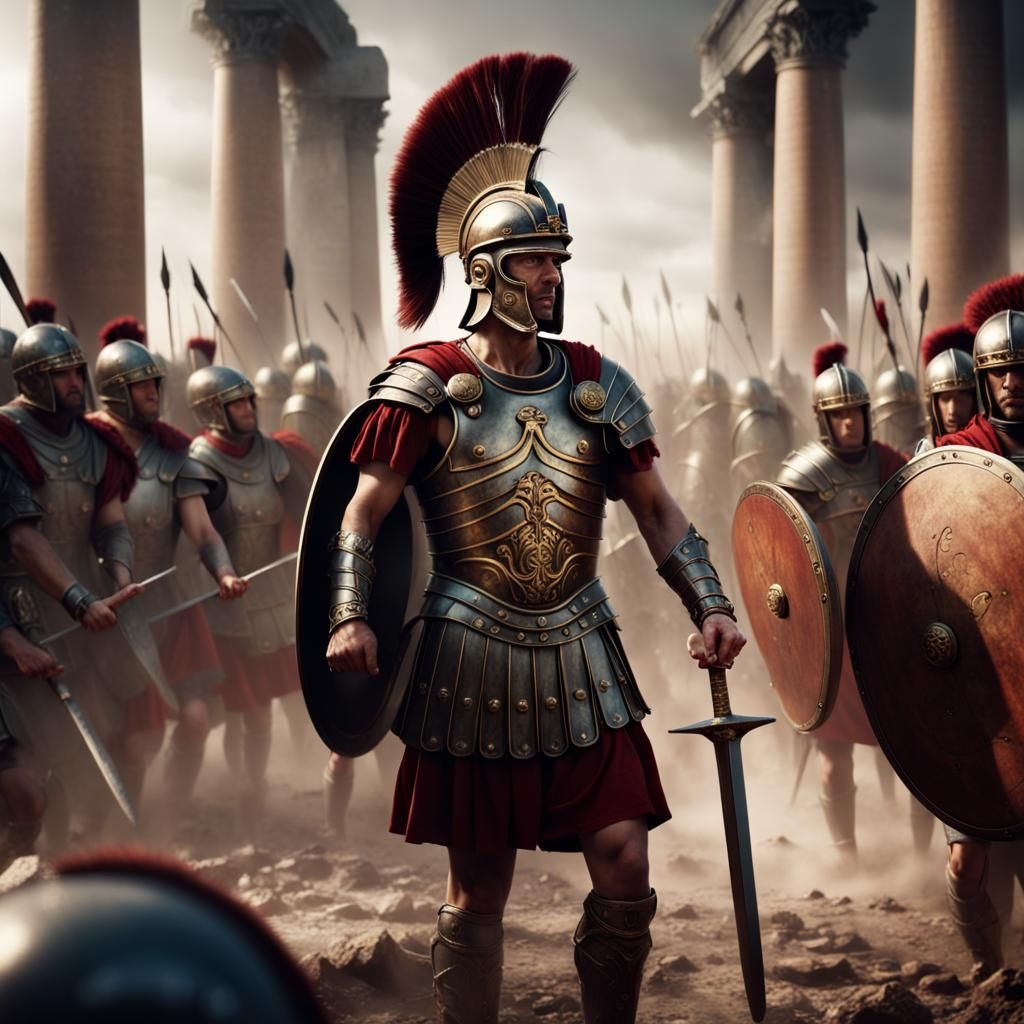 Roman Centurion commanding his legionaries in battle