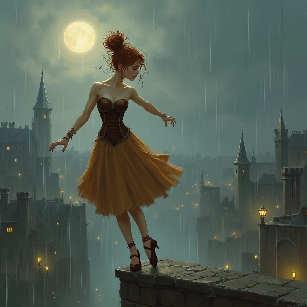 Fantasy Heroine Dancing in Rainy Medieval City