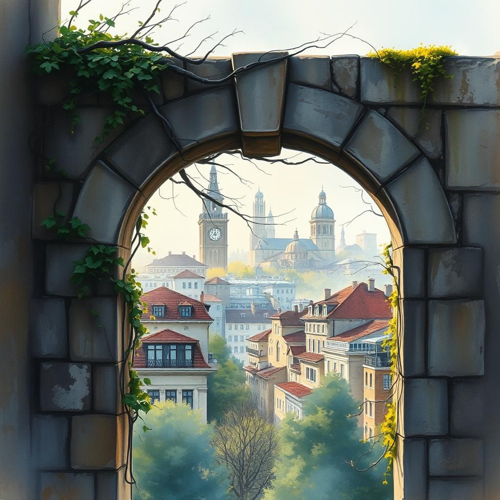 Cityscape Through Archway in Watercolor Style
