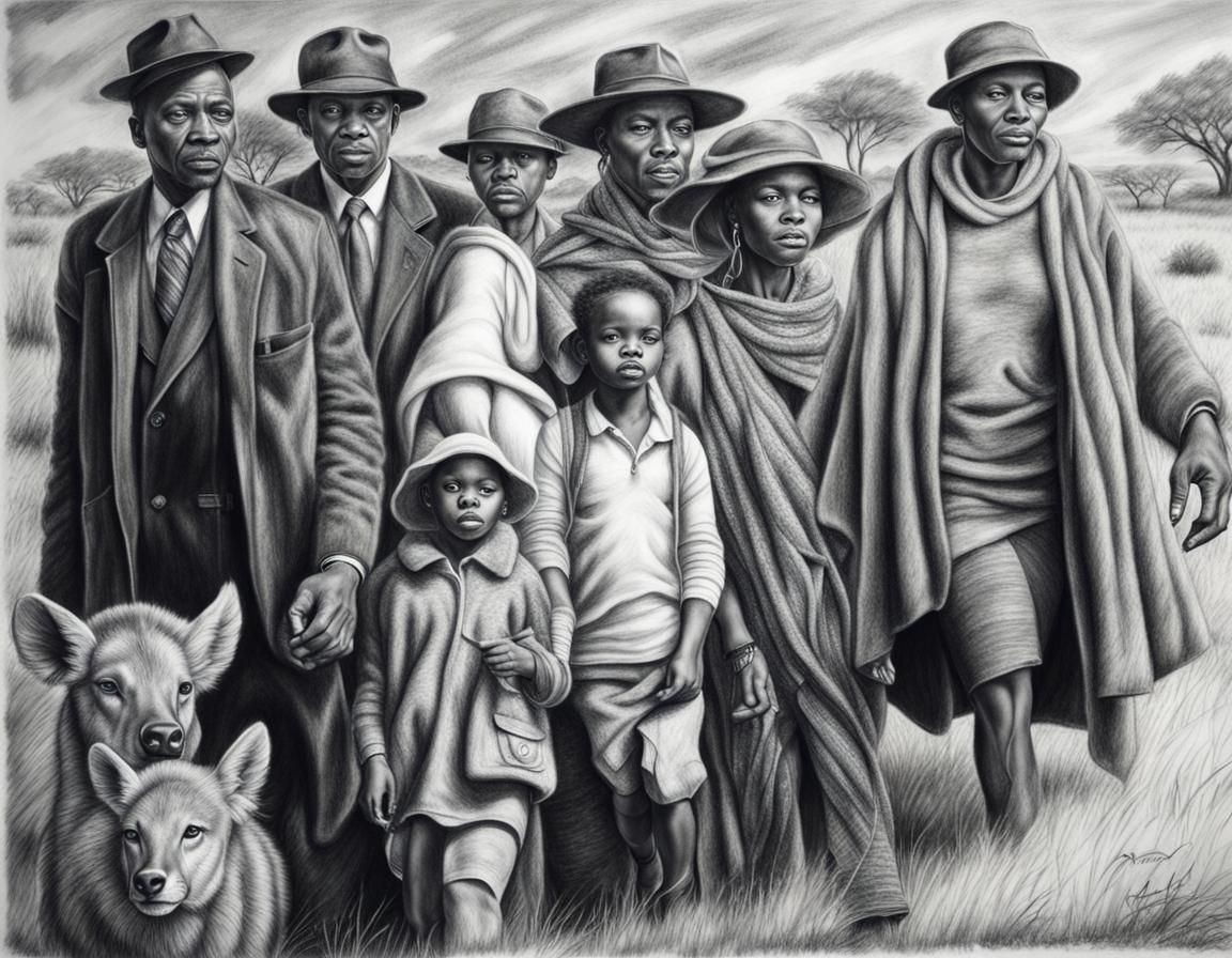 Great Migration: Hyperdetailed Charcoal Drawing of Black Fam...