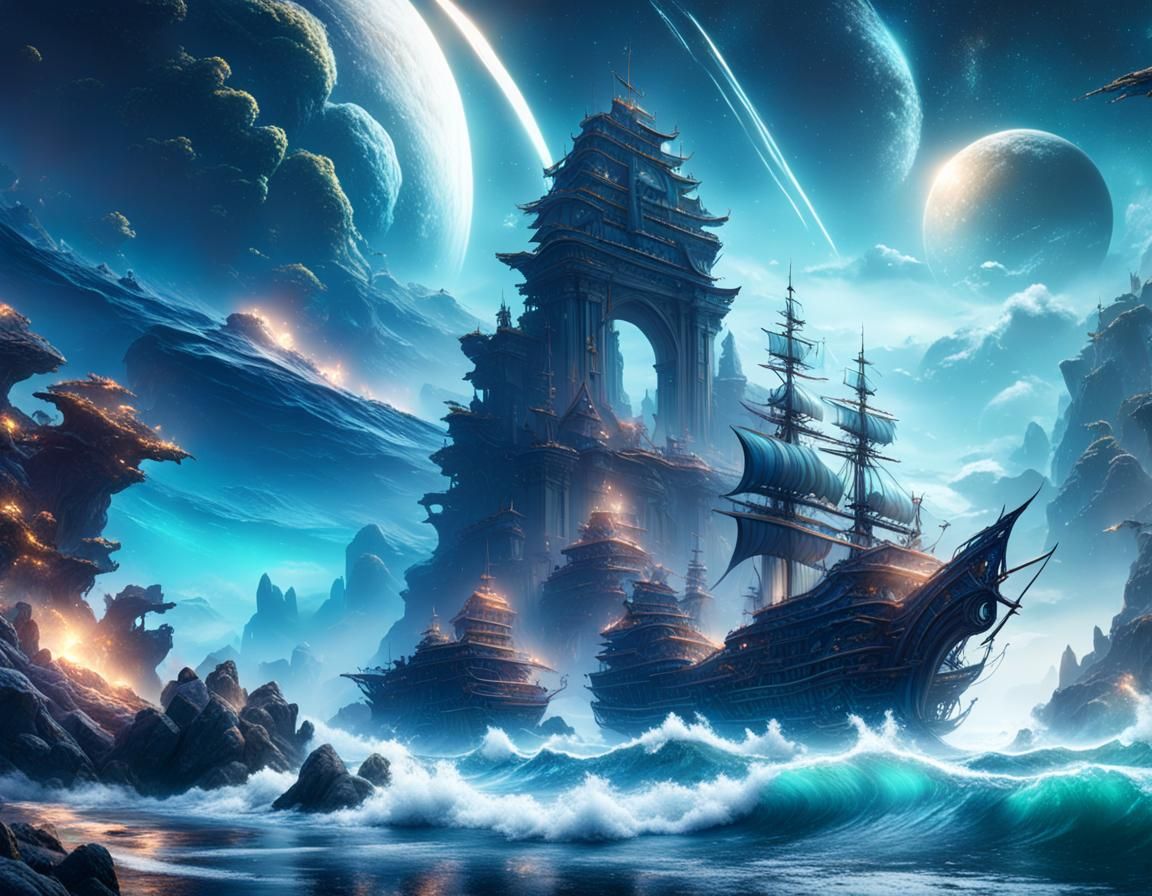 Ocean and Galaxy at Midnight: Detailed Matte Painting