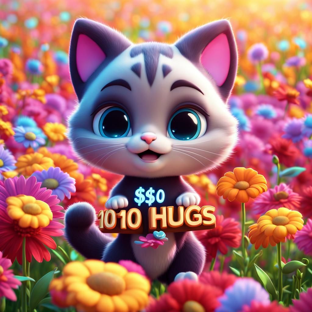 Chibi Cat Offers Hugs in Colorful Field