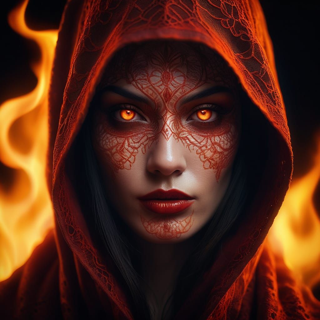 Mysterious Woman with Fiery Markings and Glowing Forehead
