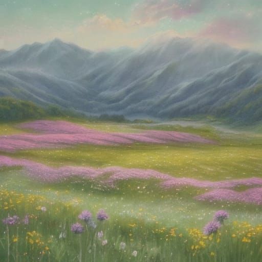 Spring Lamb in Field of Flowers Botanical Illustration