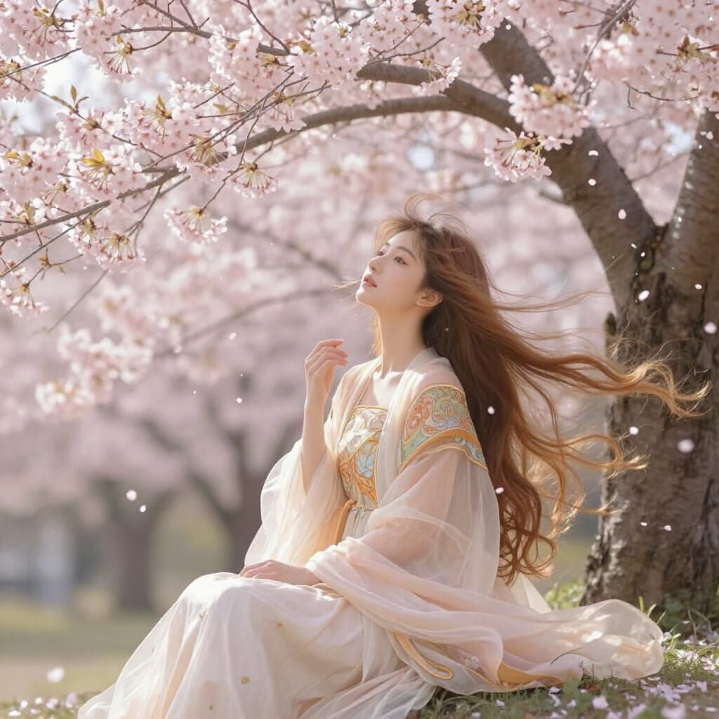 Girl Under Sakura Tree in Art Nouveau Style