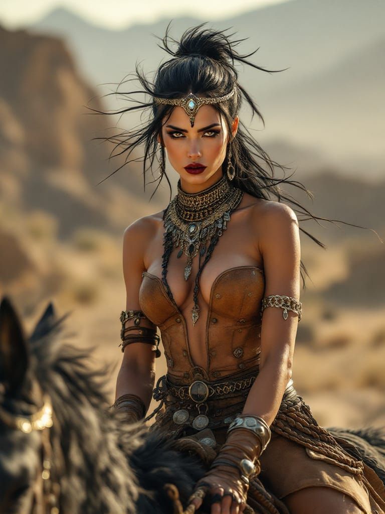 Nomadic Warrior Woman on Dark Horse in Desert