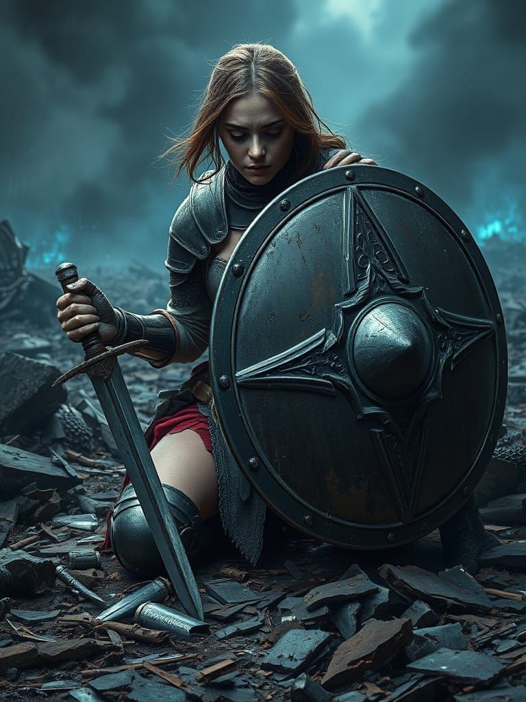 Warrior's Desolate Triumph in a Gritty, Cinematic Landscape