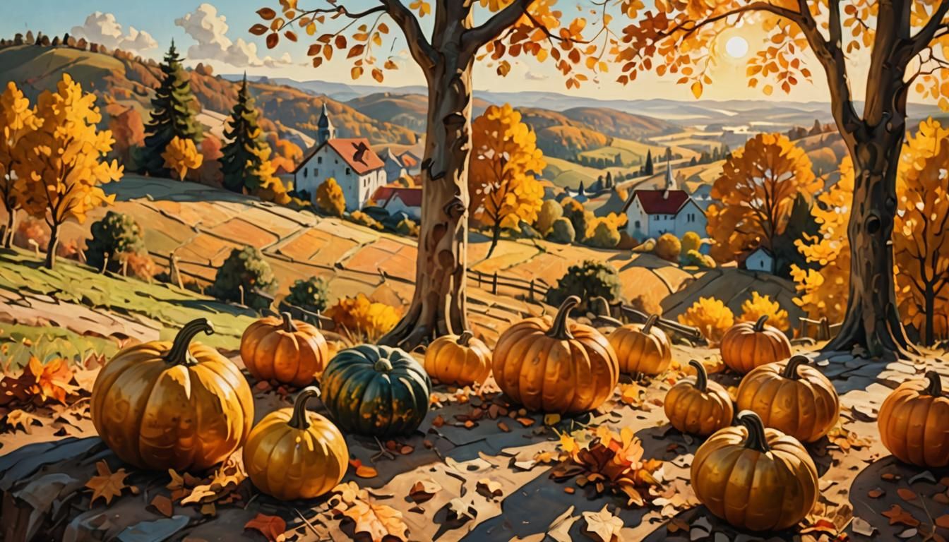 Autumn Gourd Hillside in Impasto Oil Painting