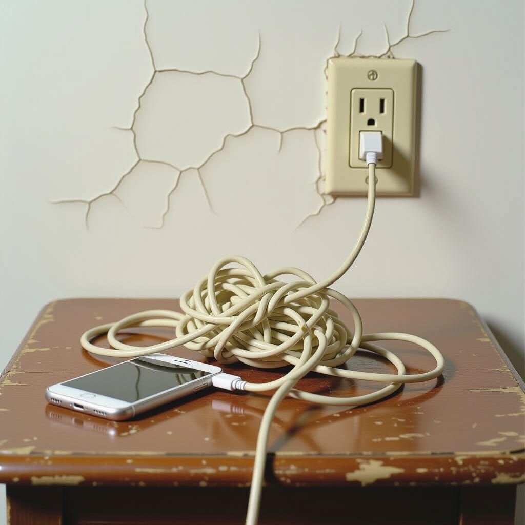 Tangled Charging Cable on Wooden Table