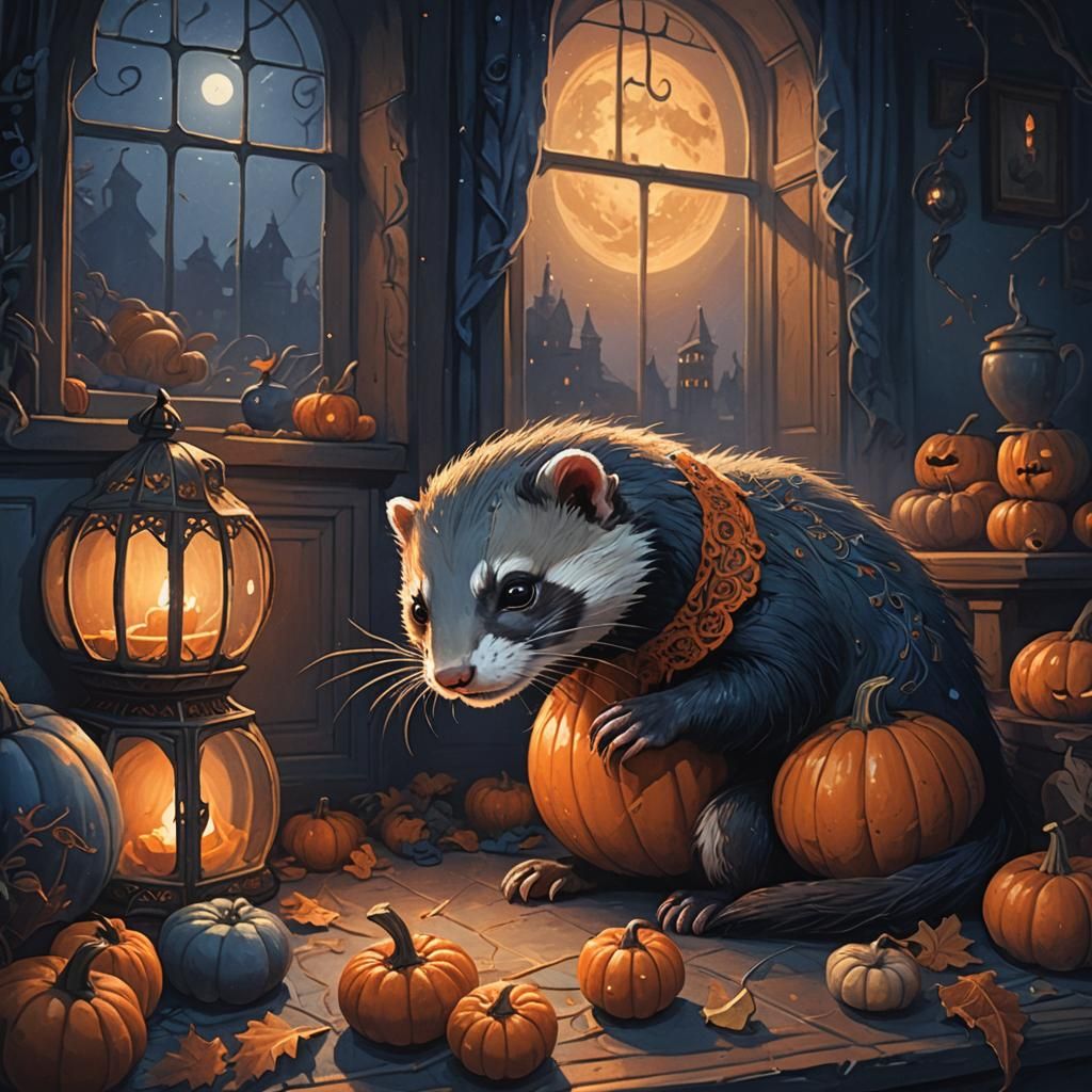 Ferret Carving Pumpkin in Moonlight: Dark Fantasy Art