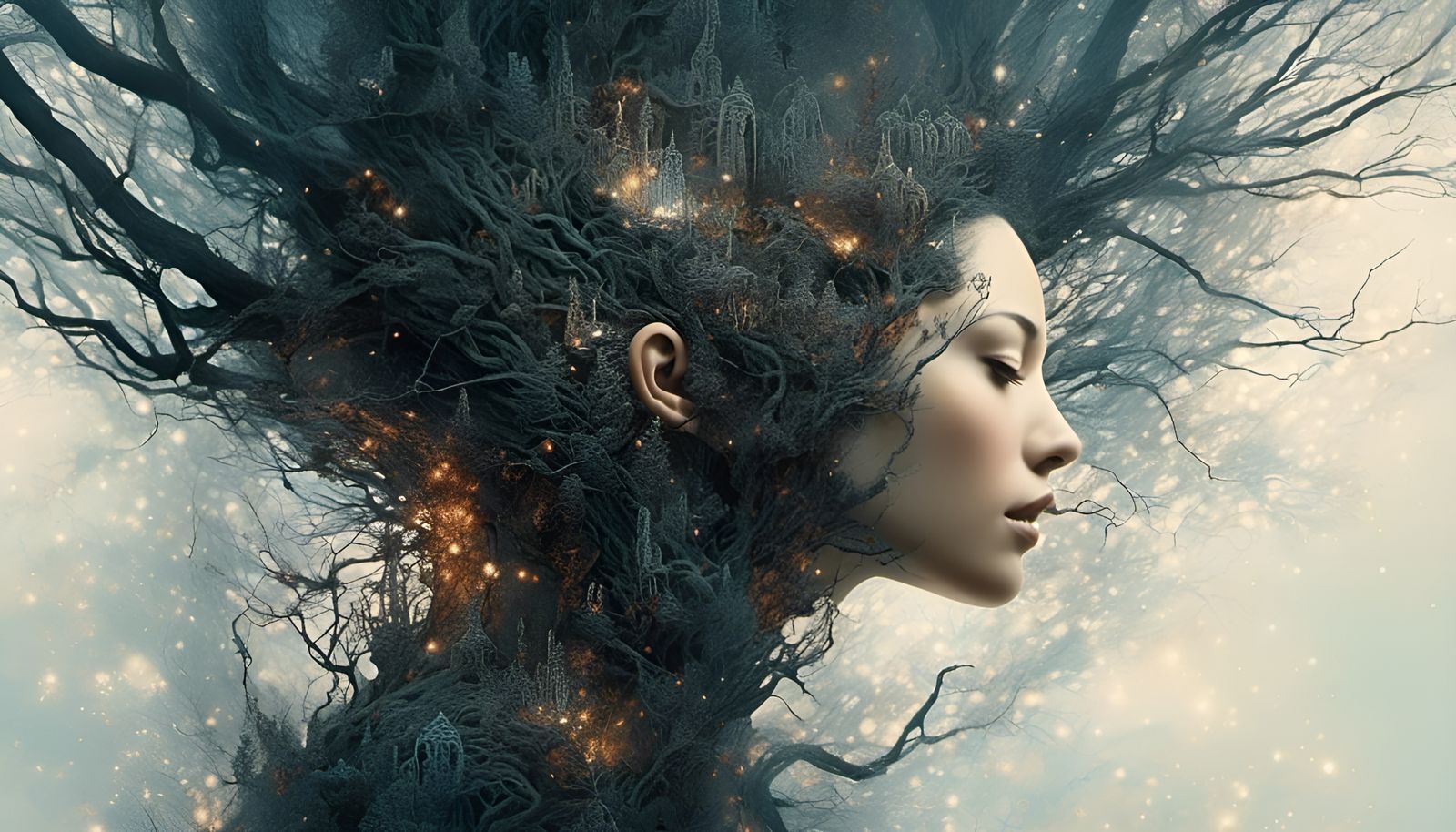 Burning Forest Double Exposure Head in Watercolor Style