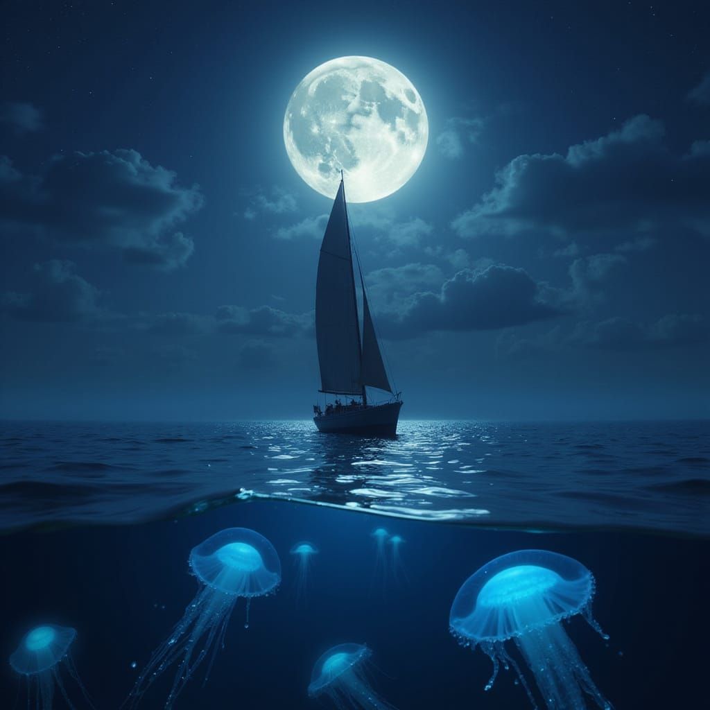 Sailboat Under Moonlit Sea, Hyperrealistic Bioluminescence