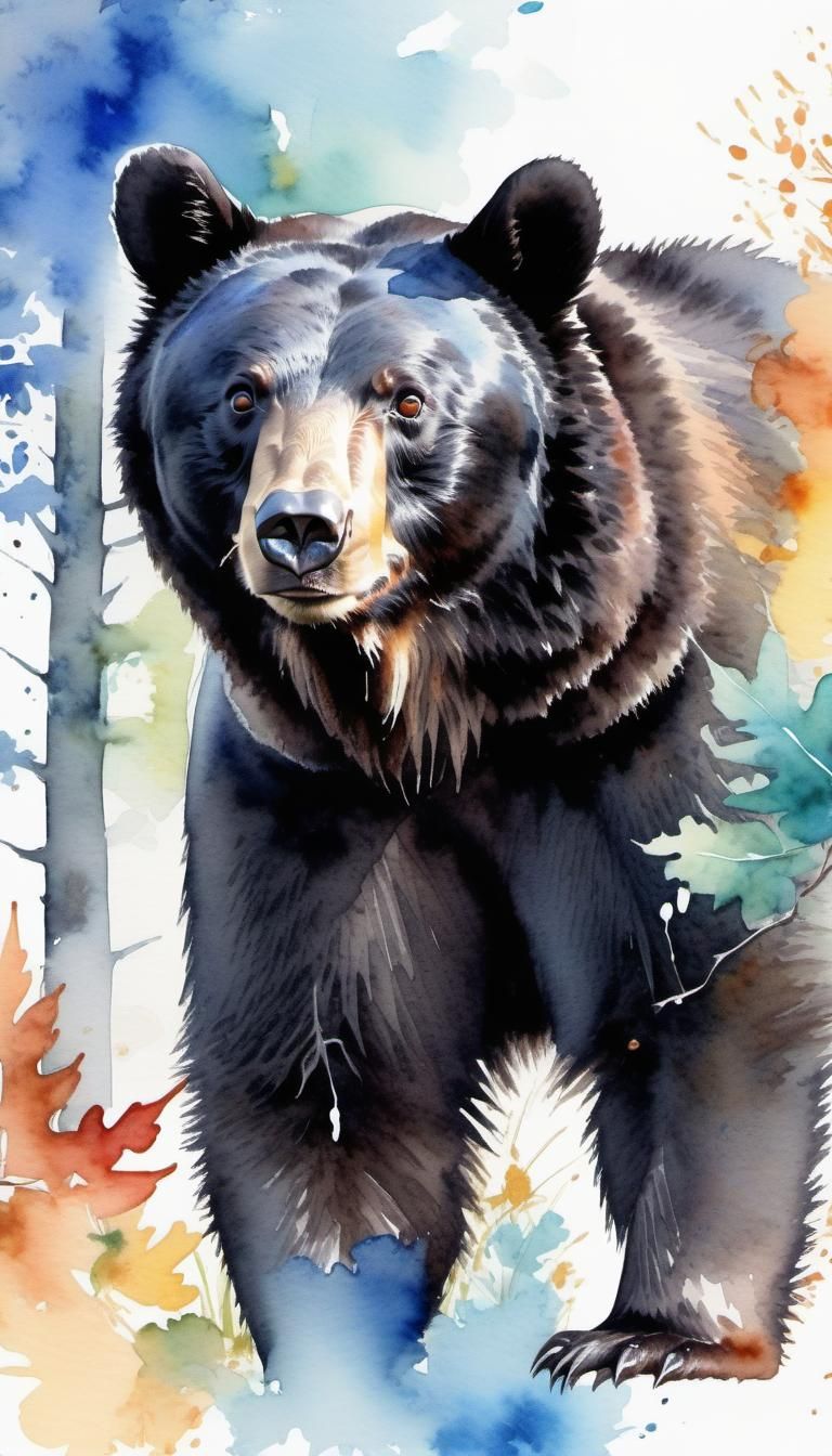 Blue-Eyed Black Bear in Watercolor Forest