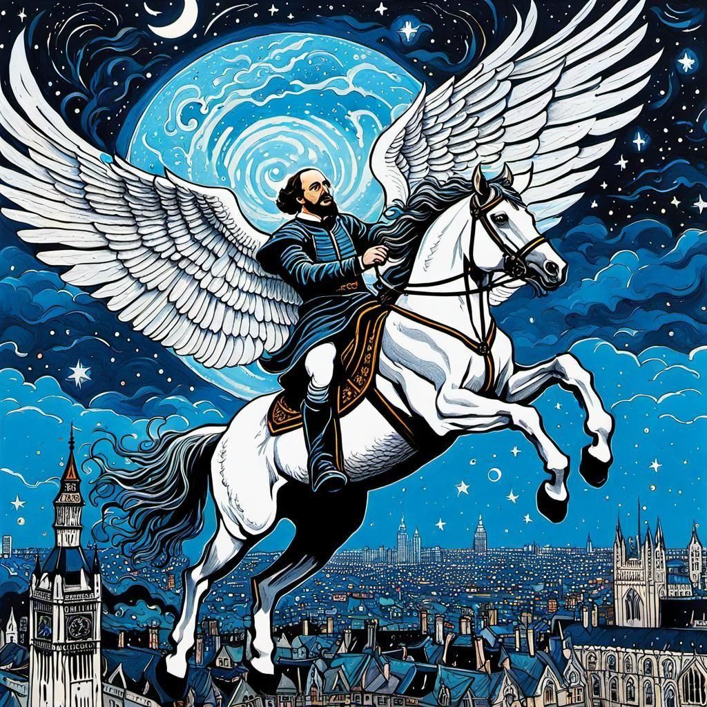 The poet William Shakespeare riding his winged white horse Pegasus over London at night