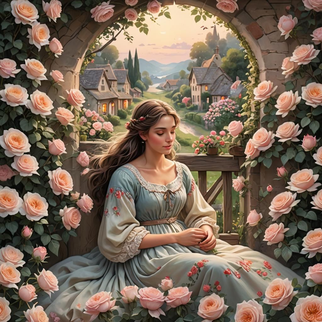 Realistic Country Woman Sleeping in Rose Garden