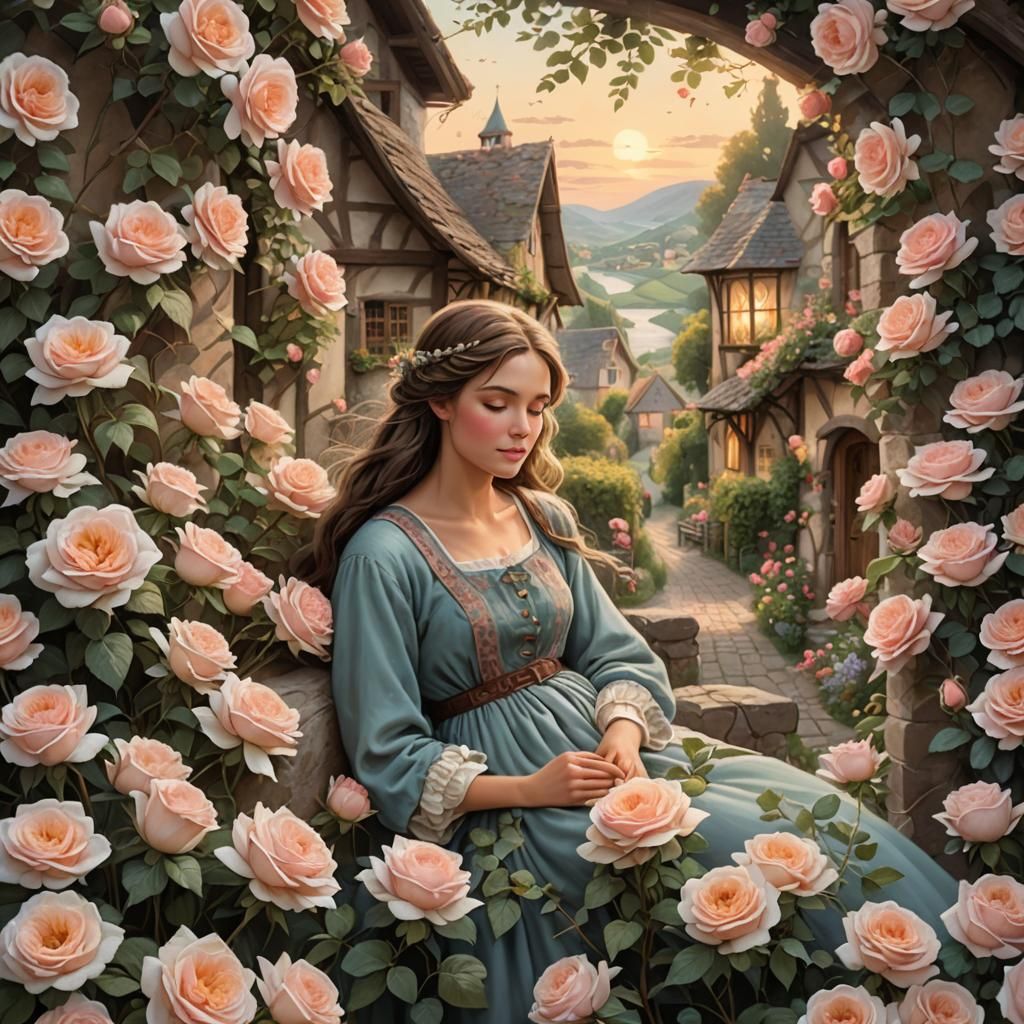 Realistic Country Woman Sleeping in Roses