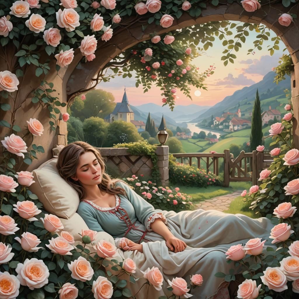 Realistic Country Woman Sleeping in Roses at Dawn