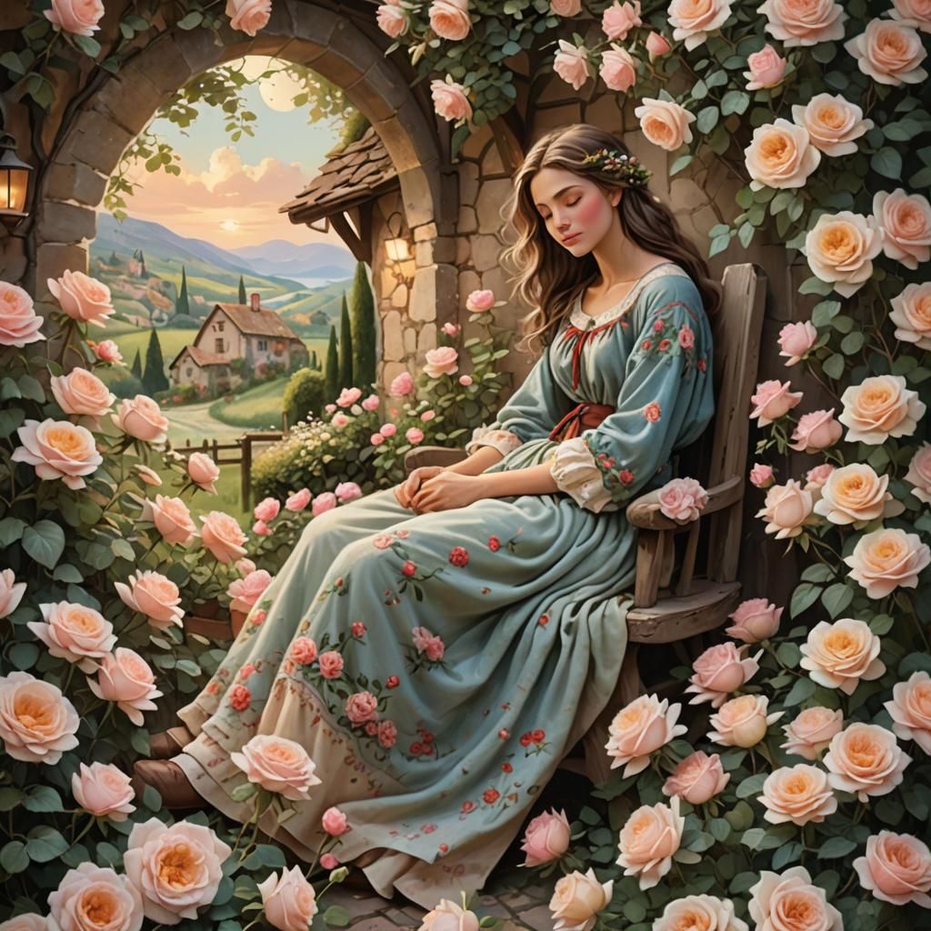 Realistic Country Woman Sleeping in Village Rose Garden