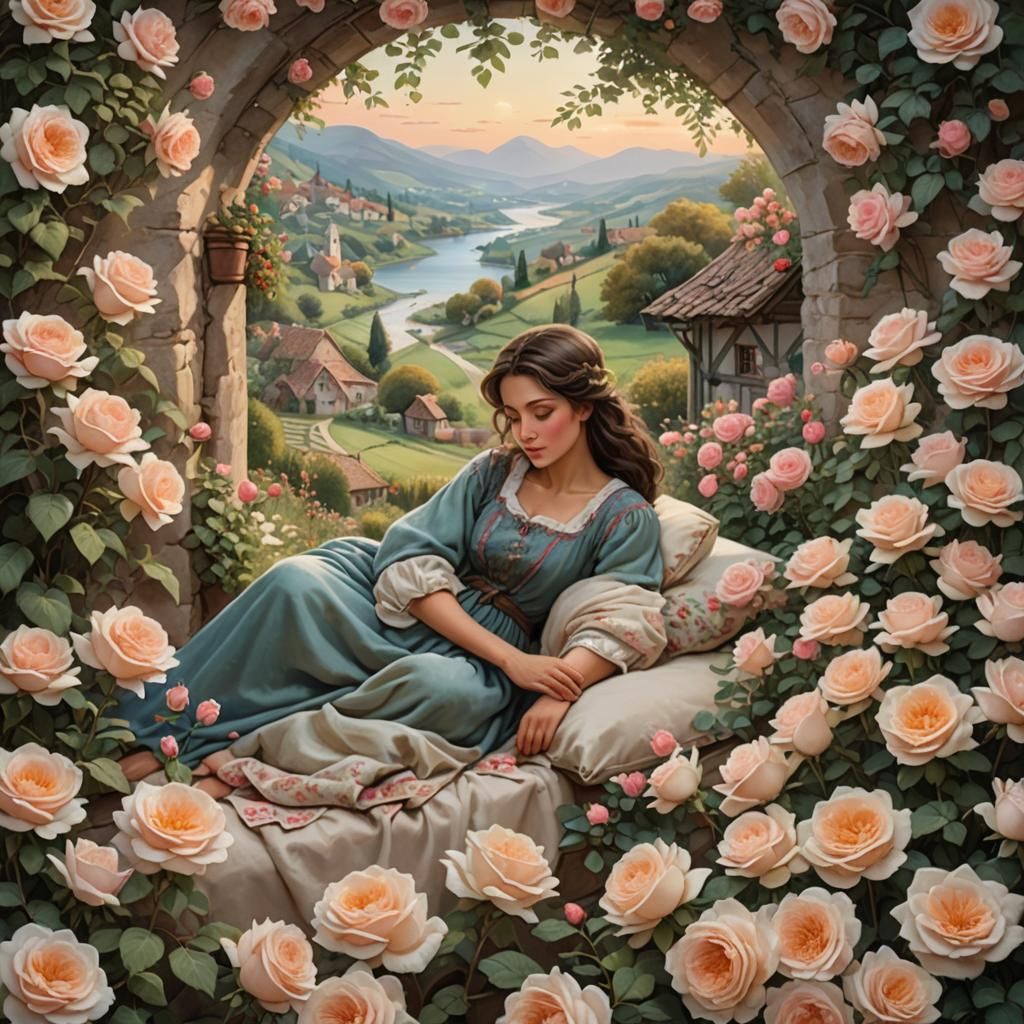 Realistic Country Woman Sleeping Amongst Roses
