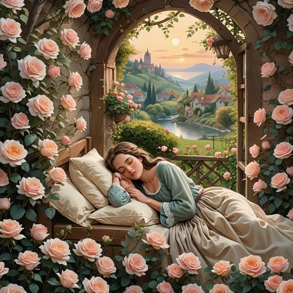 Realistic Country Woman Sleeping Among Roses