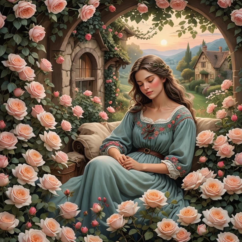 Realistic Country Woman Sleeping in Rose Garden
