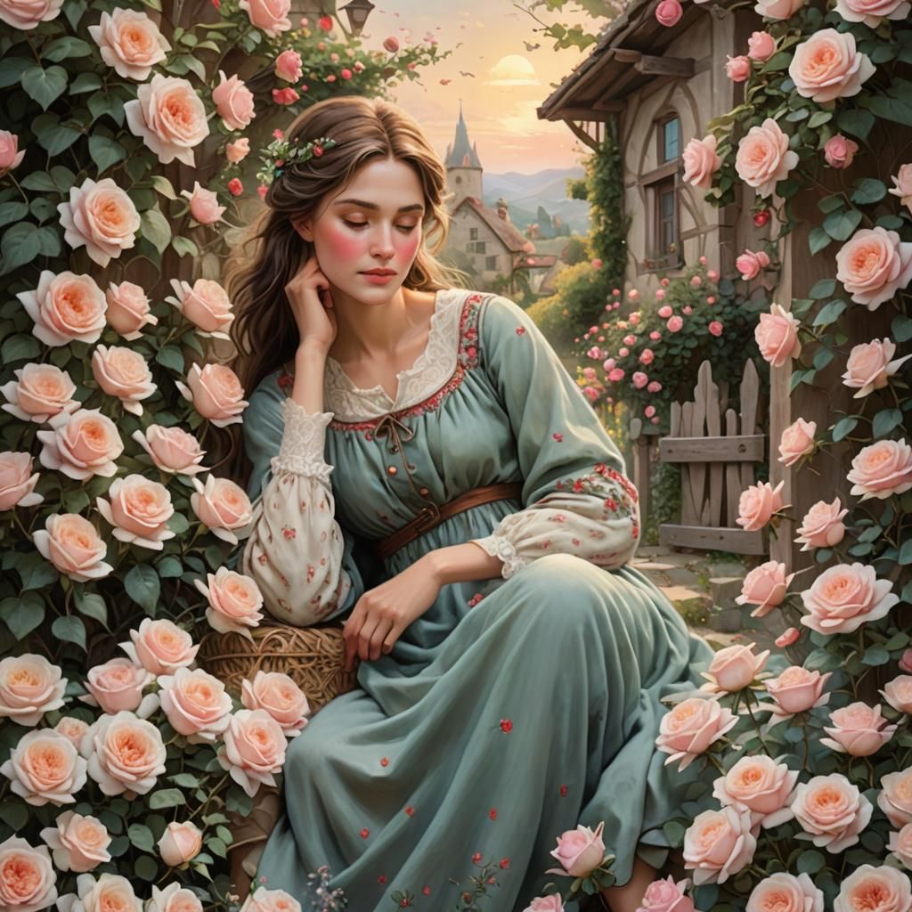 Realistic Country Woman Sleeping in Rose Garden