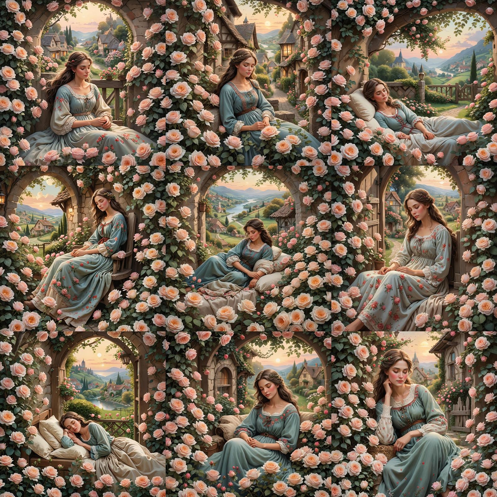 Realistic Country Woman Sleeping in Rose Garden