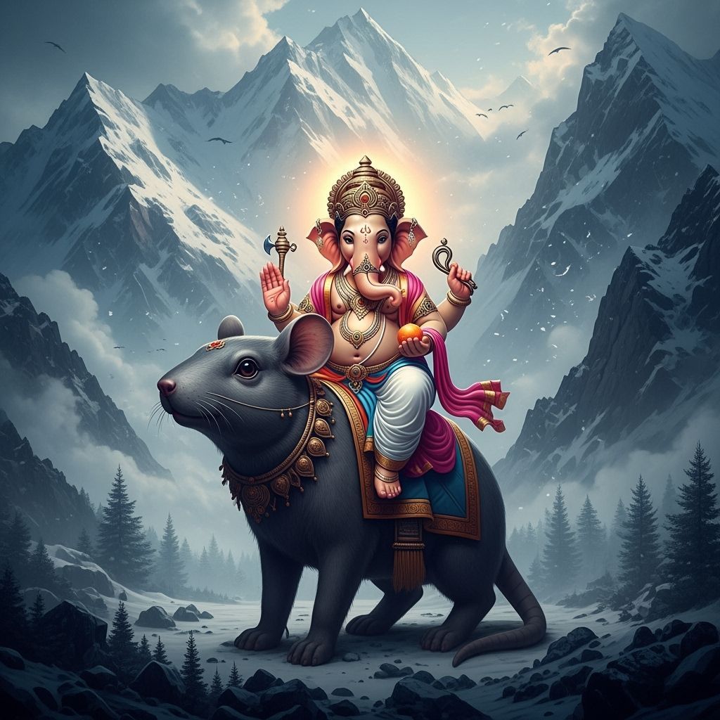 Ganesha on Rat, Icy Mountains Backdrop, Detailed Matte Paint...