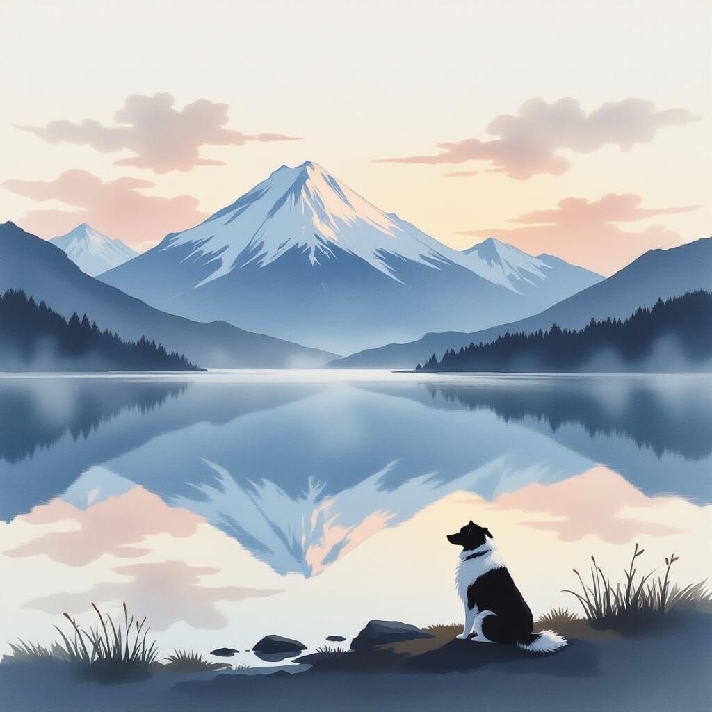 Serene Lake Reflection at Dawn with Wise Dog