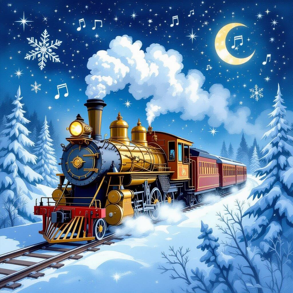 Steampunk Train in Crystalline Snowflake Landscape